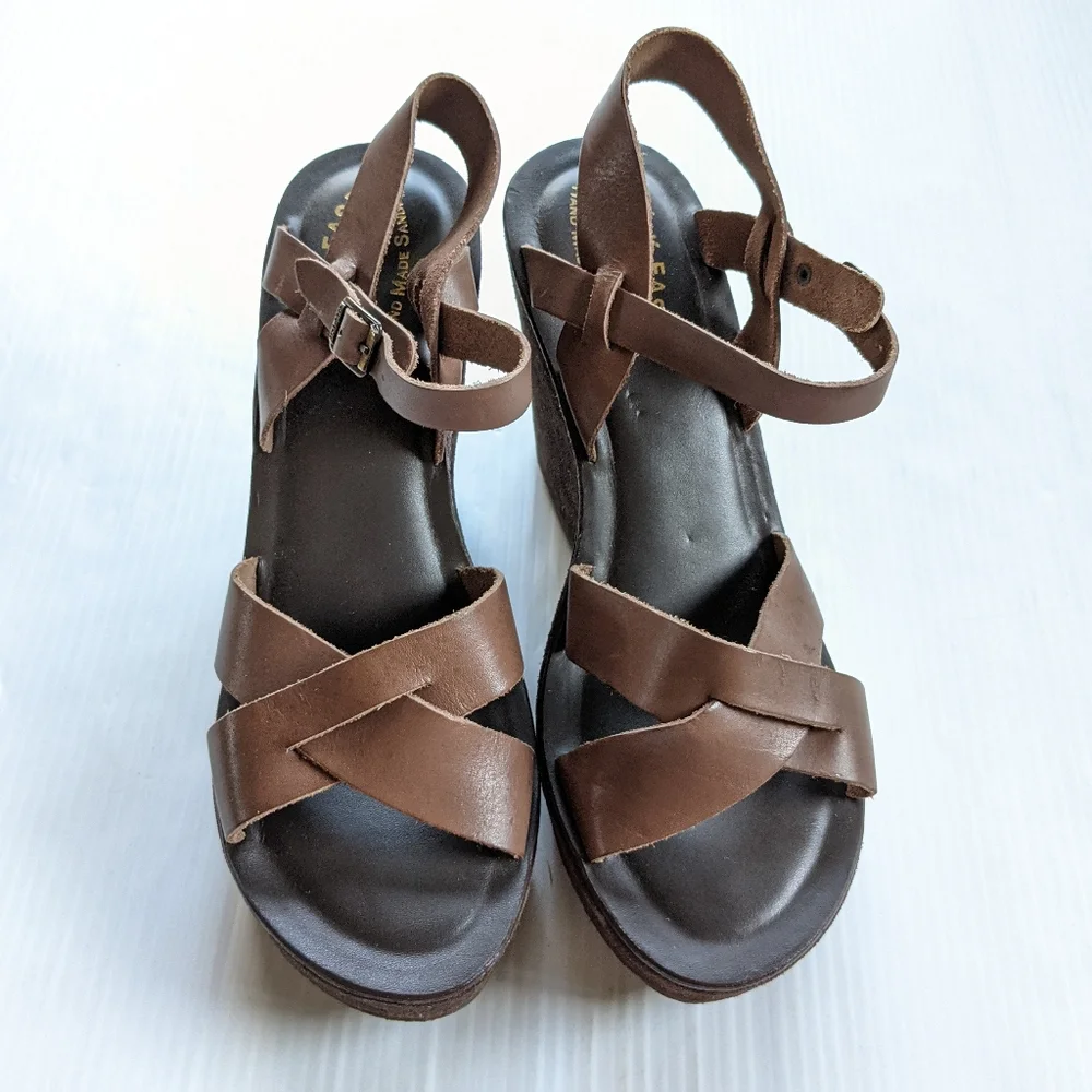 KORK EASE Bette Strappy Brown Suede Chunky Platform Wedge Sandals size 9